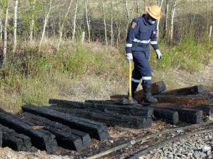 Firefighter Putting Out Fire on Burning Rail Ties